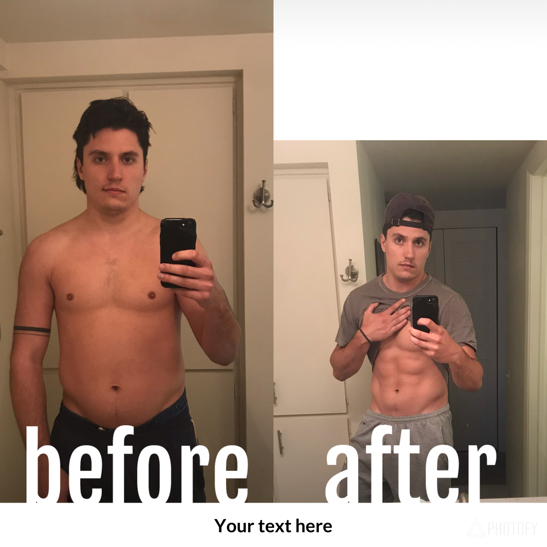 Before and after fitness transformation photo with improved physique.