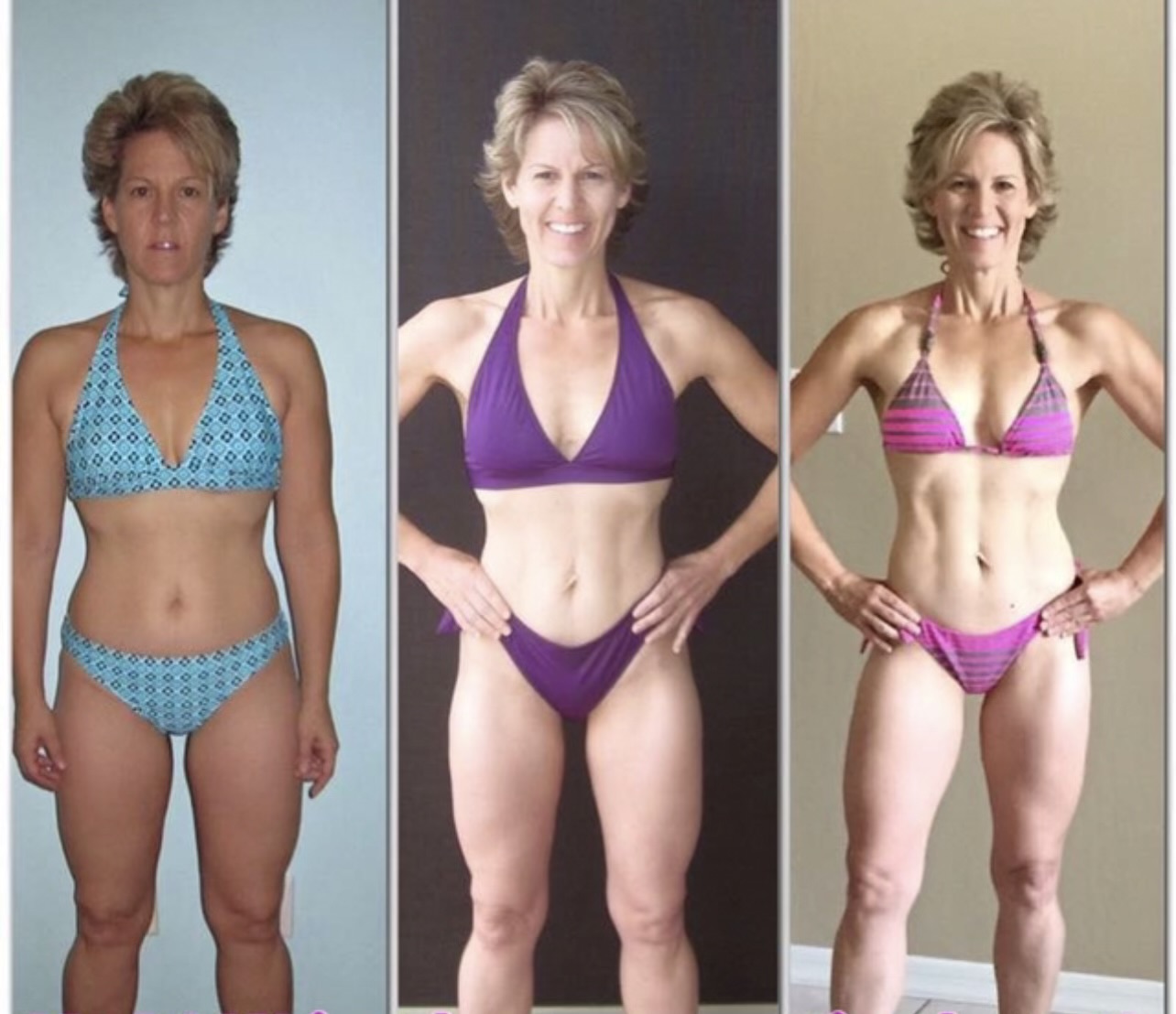 Woman's fitness progress in three stages, front view.