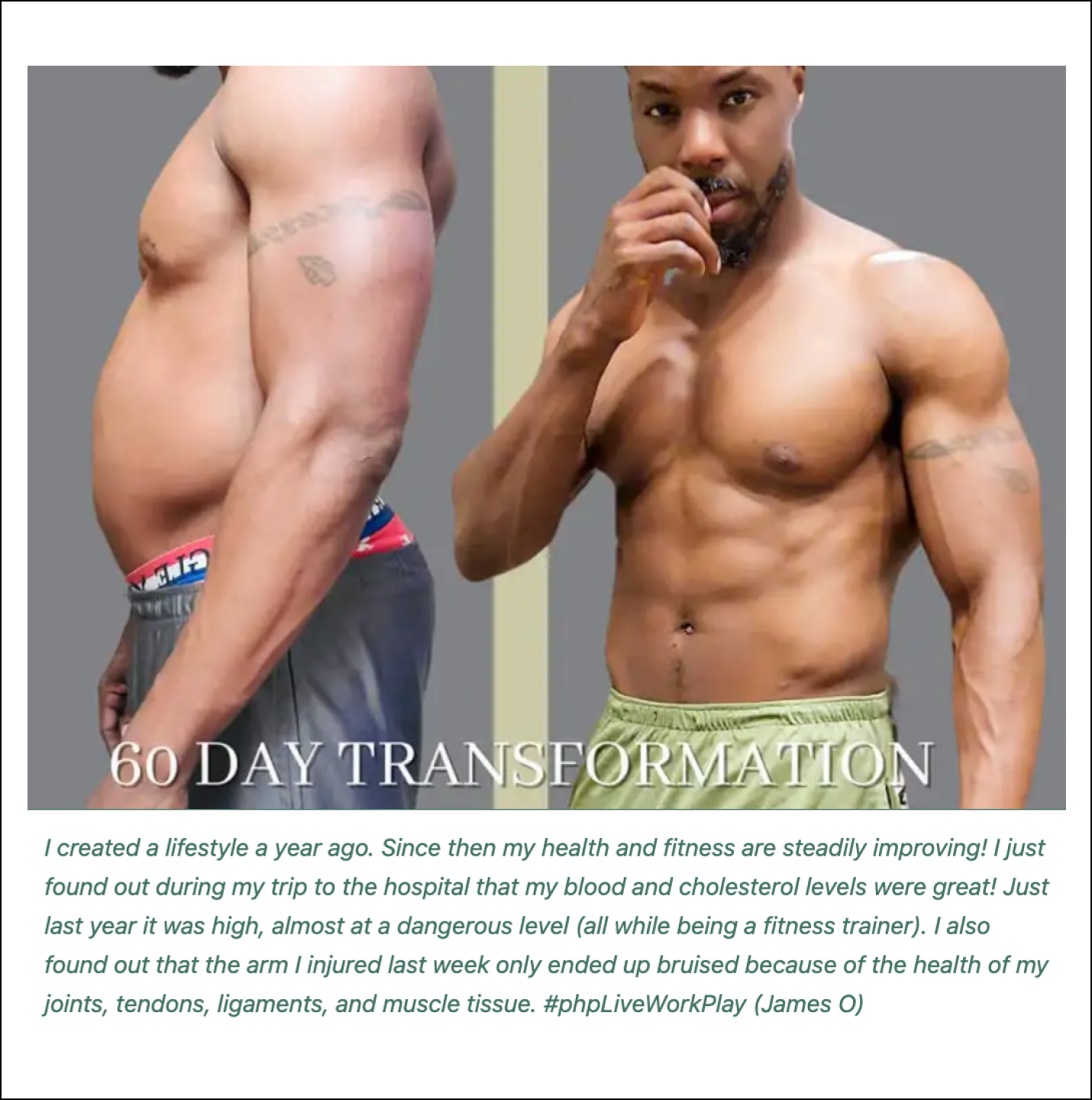 Before and after 60-day fitness transformation results.