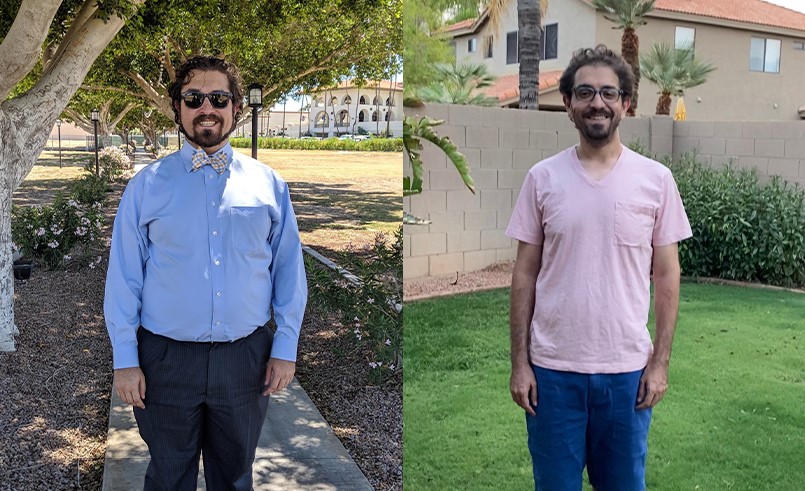 Two men in different outfits standing outdoors.